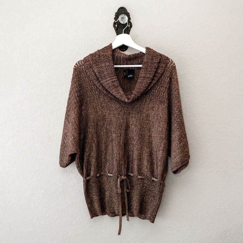 New Directions Large Sparkly Brown Sweater Top Dolman Sleeve Open Knit Metallic - Picture 2 of 9